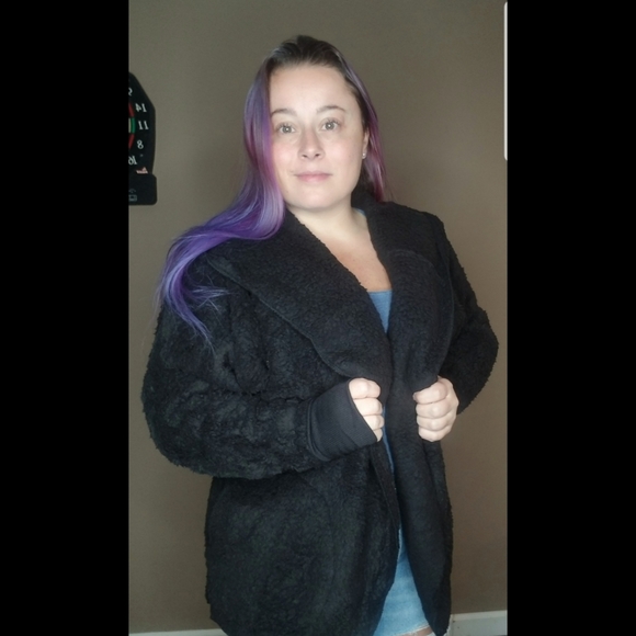 5⭐ black oversized fuzzy sherpa faux fur hooded open front cardigan pockets - Picture 6 of 9
